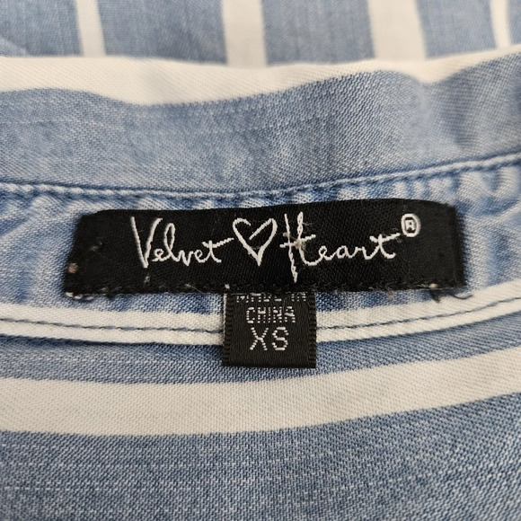 Velvet Heart Shirt Dress Blue Chambray Striped 3/4 Sleeve Collared V Neck Mini - Picture 4 of 6
